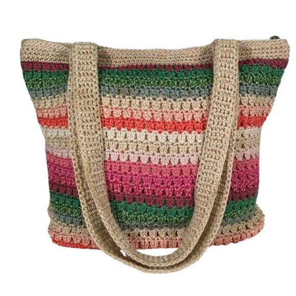 The Sak Multicolored Rainbow Striped Retro Y2K Woven Crochet Beach Tote Bag - Picture 7 of 13